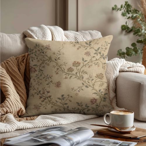 Neutral Vintage Floral Pillow Cover 18x18, Farmhouse Chinoiserie