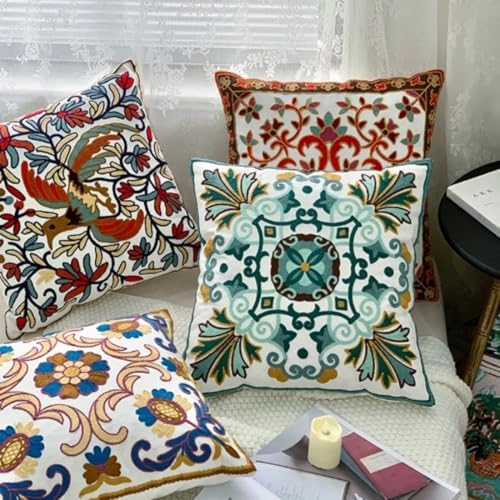 Set of 2 Embroidered Throw Pillow Covers 18x18 Inch, Boho Turquoise