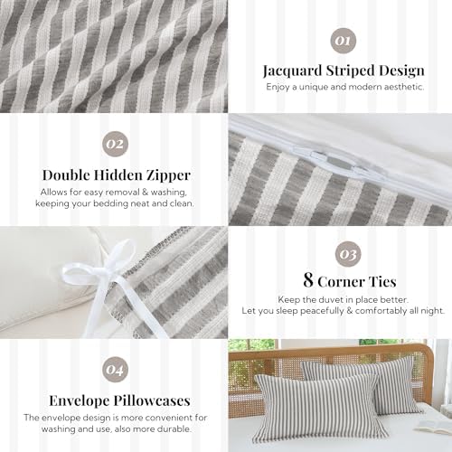 MILDLY Jacquard Striped Duvet Cover Set 3pcs Dual Zipper Taupe Full