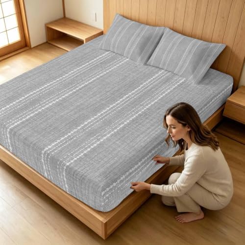 Queen Fitted Sheet Deep Pocket, Modern Minimalist Gray Stripes Soft