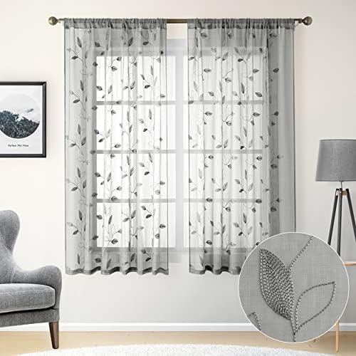 HOMEIDEAS Light Grey Sheer Curtains Leaf Embroidered, 52x63 Inch, 2