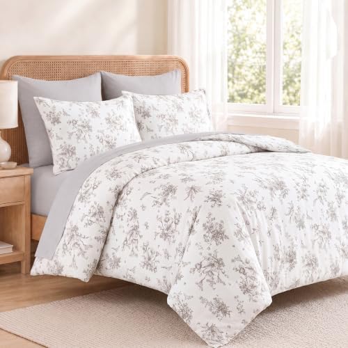Bedbay 100% Cotton Duvet Cover Queen Size, Soft Grey Floral Duvet