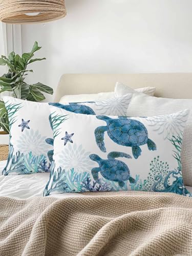 Throw Pillows 12x20 Set of 2, Ocean Blue Turtles Waterproof Outdoor