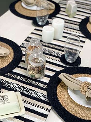 CHARDIN HOME Black, Cream, White Boho Table Runner | Cotton Farmhouse