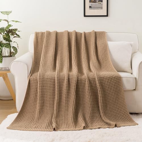Beige Throw Blanket for Couch, Tan Waffle Knitted Throw Blankets