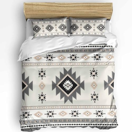 Duvet Cover Set Full, Ethnic Gray Aztec Geometric 3 Piece Bedding Set