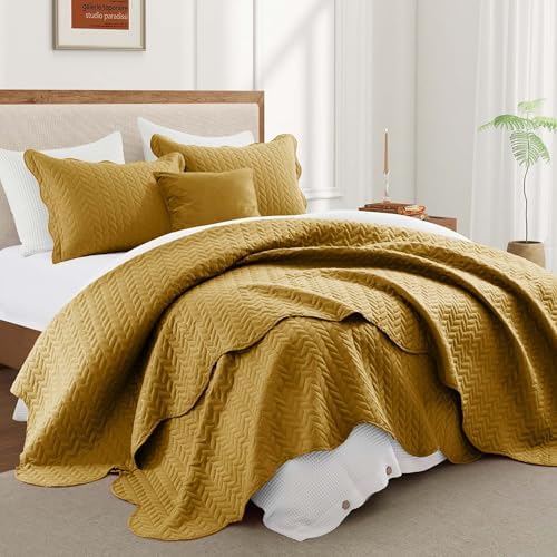 MOONLIGHT20015 King Quilt Bedding Set Ochre Bedspread Coverlet