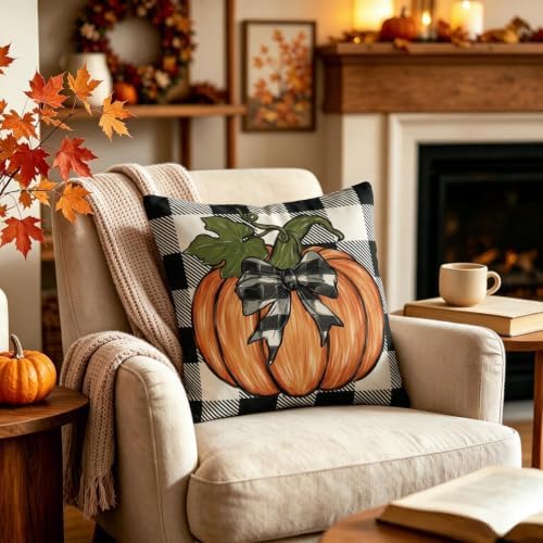 Fall Pillow Covers 22x22 Inch Set of 2, Burnt Orange Pumpkin Buffalo