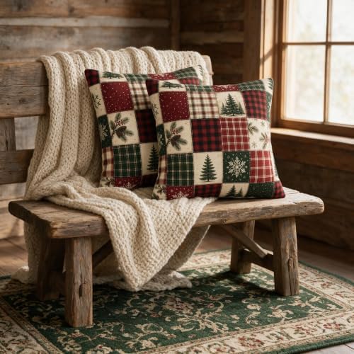 Christmas Plaid Pillow Covers 22x22 Set of 2 Winter Holiday Farmhouse