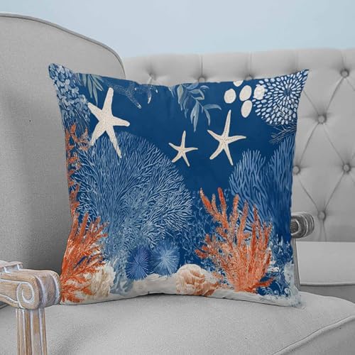 Orange Navy Blue Coral Pillow Covers 20x20 Set of 2, Summer Beach