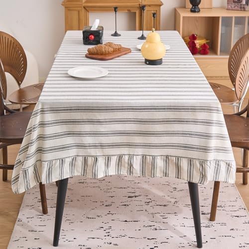 vctops Farmhouse Grey Stripe Ruffle Table Cloth, Boho Cotton Linen