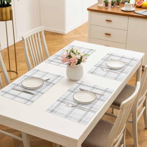 Cloud Gray Placemats Set of 8, Pale Silver Grid Checkered Farmhouse