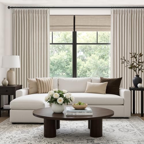 Pleated Linen Curtains 90 Inches Long for Living Room 2 Panels Rustic