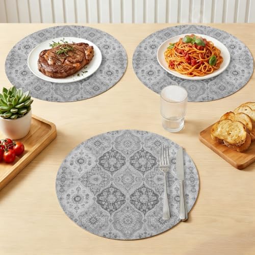 Vintage Gray Flower Texture Leather Placemats Set of 6, 15 Inch