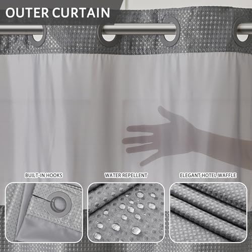 Furlinic Fabric No Hook Shower Curtain with Snap in Liner Modern Grey