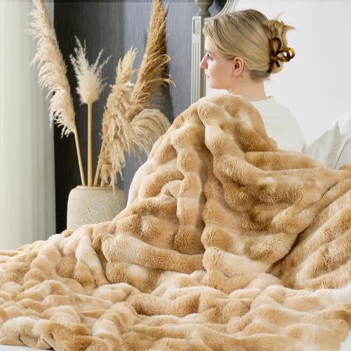 Cozy Bliss Deluxe Striped Rabbit Faux Fur Throw Blanket, 60"x80"