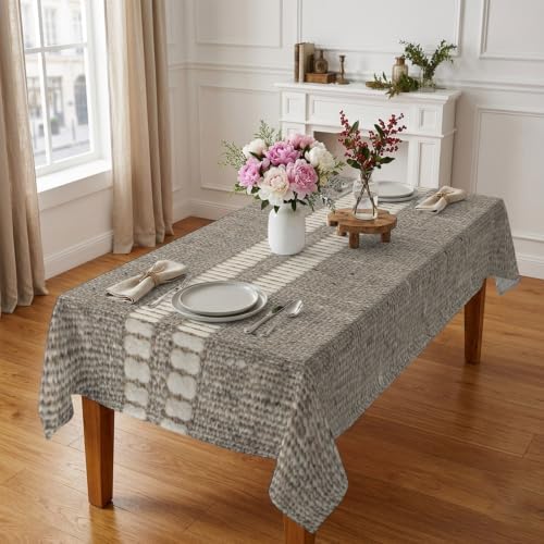 Farmhouse Grey Brown Table Cloth, Vintage Country Linen Textured