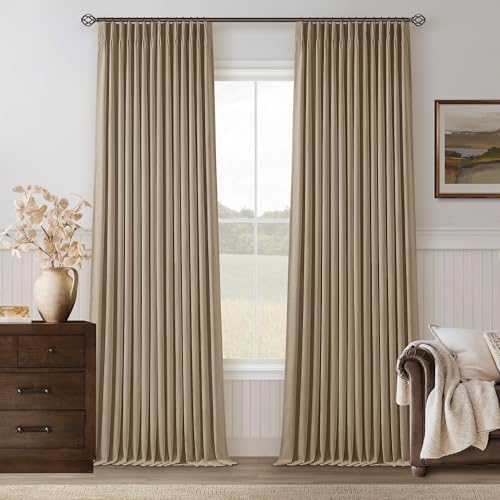 Light Brown Pinch Pleated 100% Blackout Linen Bedroom 96 Inch Curtains