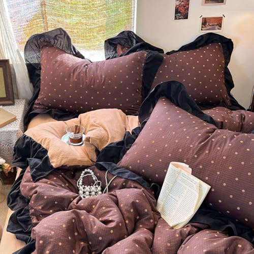 Retro Brown Polka Dot Ruffle Duvet Cover King Soft Double Gauze
