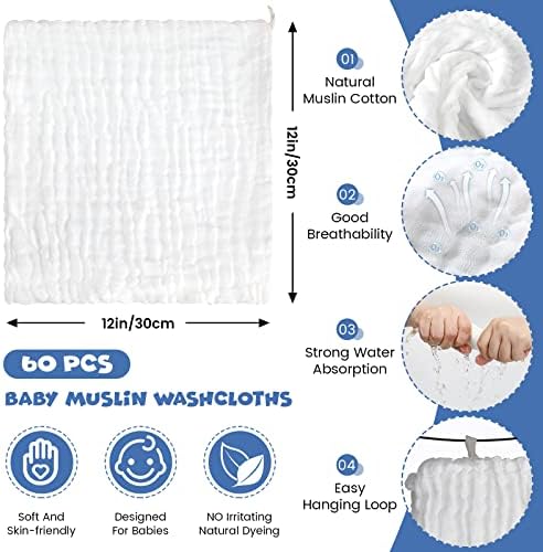 Handepo 60 Pack Muslin Burp Cloths Cotton Baby Muslin Washcloths 6