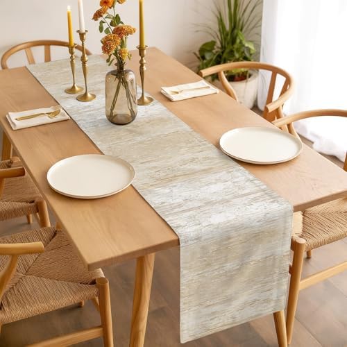 Beige Planks Table Runner, Farmhouse Vertical Wood Grain Washable