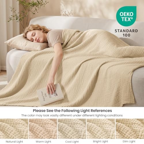 Love's cabin 100% Cotton Muslin Blanket Large Throw for Couch, Khaki
