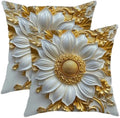Elegant Floral Pillow Covers Set of 2, White and Gold 3D Flower Throw