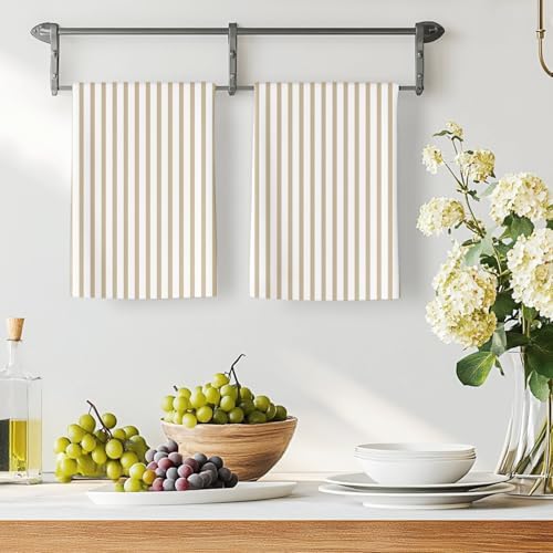 Thin Beige Striped Kitchen Towels Set of 3, Absorbent Dish Towels for