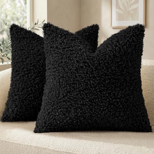 decorUhome Sherpa Decorative Throw Pillow Covers 18x18 Set of 2 Black