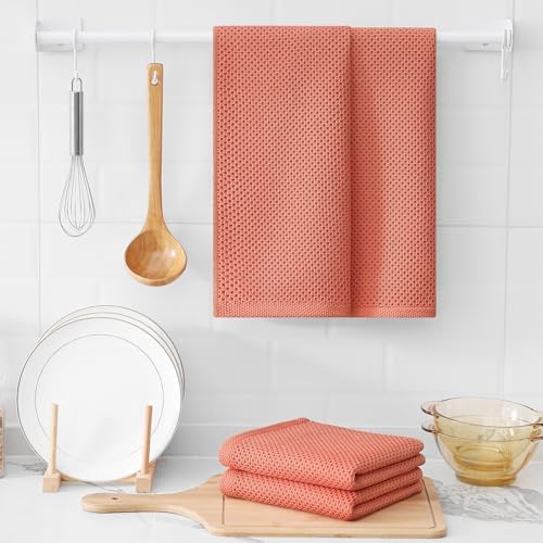 Kitinjoy 100% Cotton Waffle 4-Pack Kitchen Towels, 13" x 28", Coral