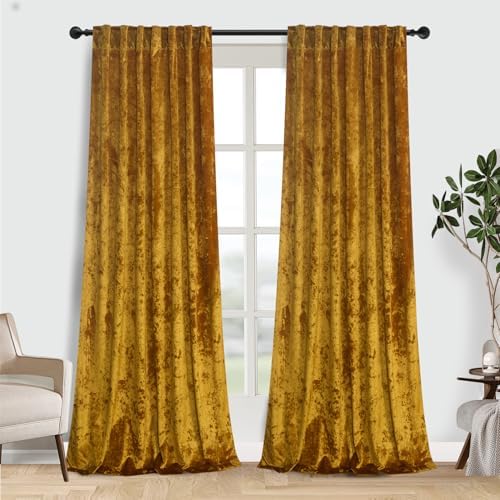 Lux Warm Gold Crushed Velvet Curtains 2 Panel Set - 120 inches Long