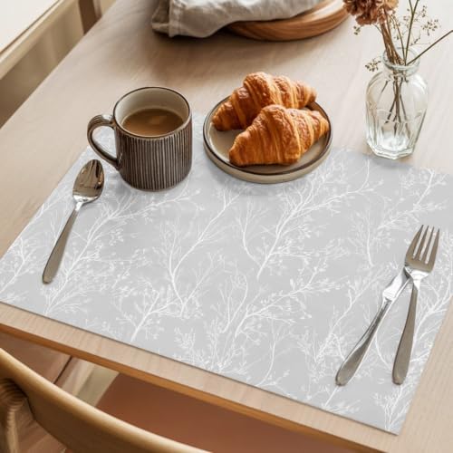 Light Grey Placemats Set of 8 White Tree Branch Botanical Abstract