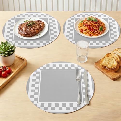 Minimalist Checkered Faux Leather Placemats Set of 6, 15in, Waterproof