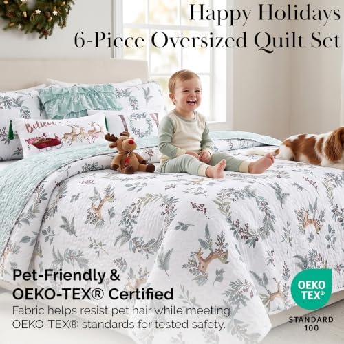 Reversible Christmas Quilt Set King/California King 6 Piece Reindeer