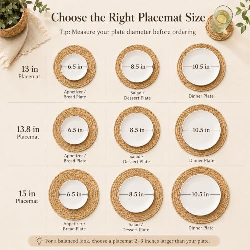 13 Inch Round Woven Placemats Set of 8, Natural Rush Rattan Wicker