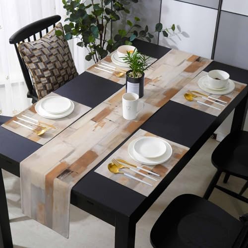 Khaki Brown Gray Table Runner and Placemats for Dining Table,Burlap