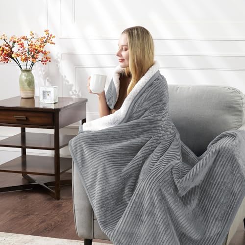 Corduroy Velvet Plush Ribbed Throw Blanket with Ultra-Soft Sherpa