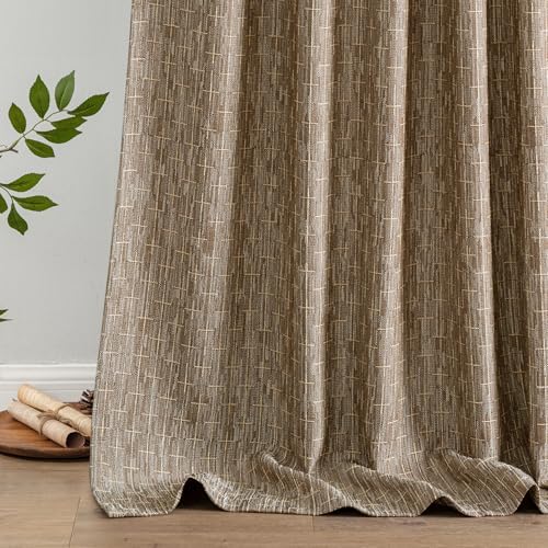 MIULEE Patterned Farmhouse Linen Curtains, Back Tab, 52Wx96L, Brown