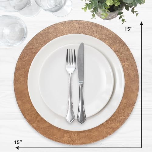 Placemats Set of 6 – Round 15” Faux Leather Table Mats for Dining