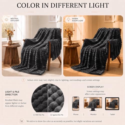 HIMEET Charcoal Grey Queen Blanket for Bed, 300GSM Ribbed Fleece, 90 x