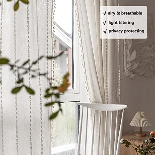 Boho Embroidery Linen Curtains 108 Inches Long for Living Room, 2