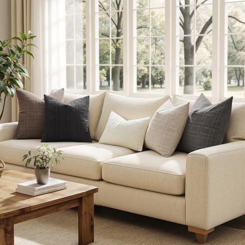 MIULEE Linen Plaid Pillow Covers Decorative Euro 24x24 Charcoal Gray