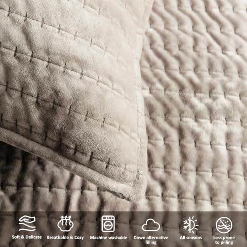 WDCOZY Velvet King Size Quilt Set - Beige Striped Pick Stitch Soft