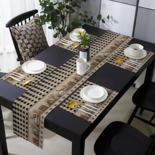 Farmhouse Check Table Runner and Placemats Set of 6 Modern Brown