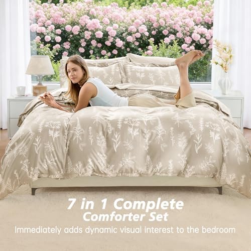 MUXHOMO King Comforter Set, 7-Piece Floral Bed in a Bag, Beige