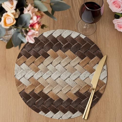 Neutral Woven Pattern Round Braided Placemats Set of Set of 8 Heat