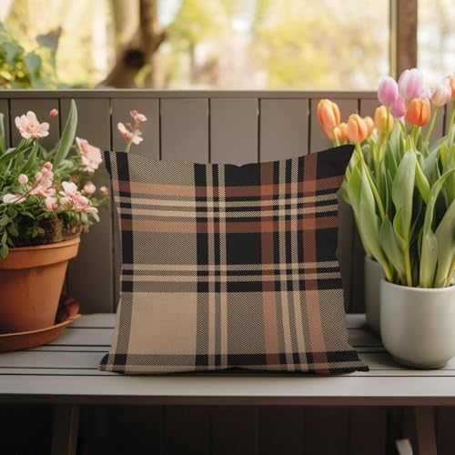 Fall Plaid Pillow Covers 20x20 Set of 2 Beige Black Orange Check