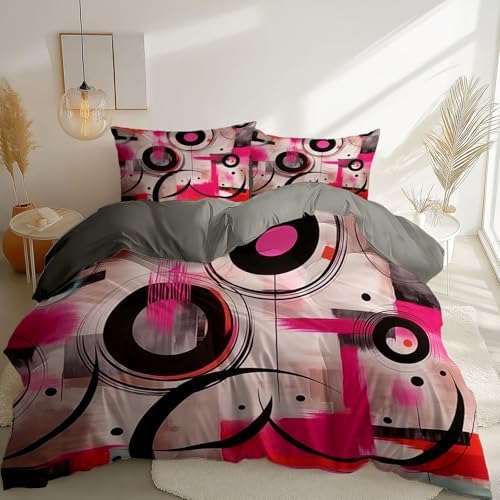 Abstract Rings Geometric Duvet Cover Set – 3 Pcs Grey Print Bedding