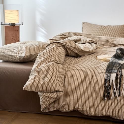 HighBuy Soft Tan & Beige Gingham Duvet Cover Twin Washed Cotton