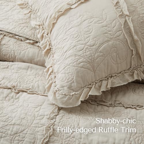HORIMOTE HOME 100% Cotton Ruffle Quilt Set King Size, Beige Farmhouse